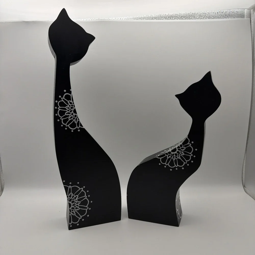 Set 2 Wood Carved Cat Silhouette Painted Adorable Pair of CATS‎ Statue 14